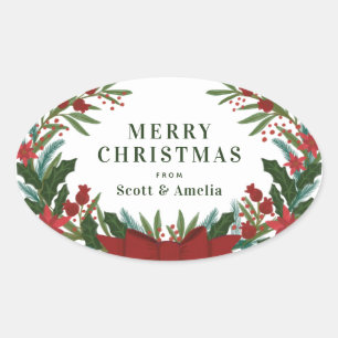 Adesivo Oval Presente de Natal no Natal Greenery Holiday