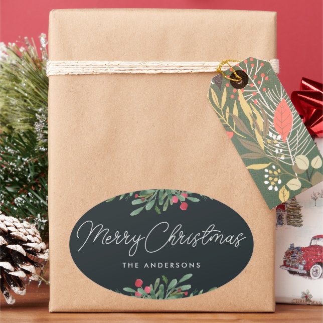 Adesivo Oval Presentes de Natal Botânicos de Férias (Feriado)