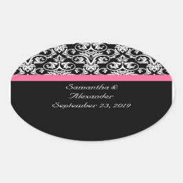 Adesivo Oval Preto com Damasco de Paixão Rosa
