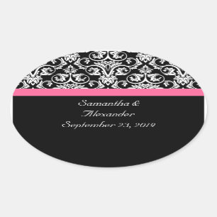 Adesivo Oval Preto com Damasco de Paixão Rosa