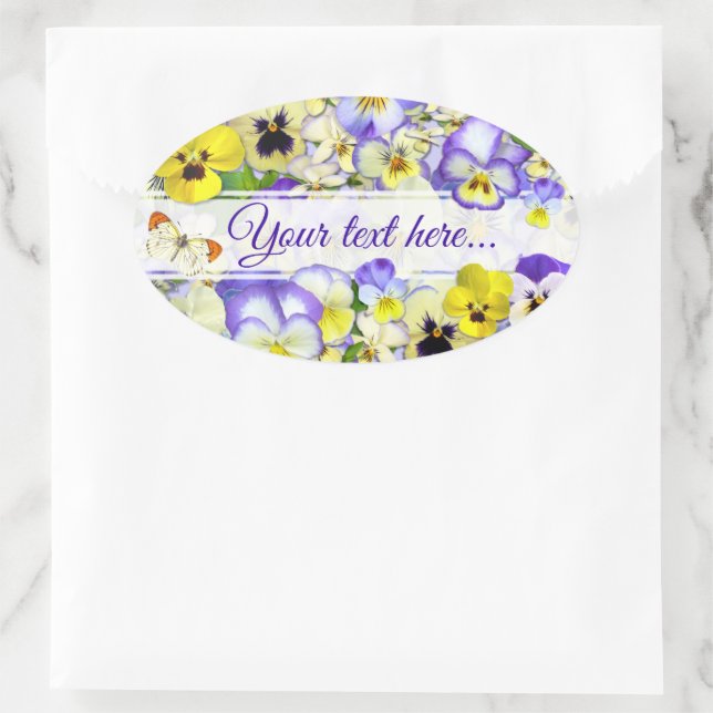 Adesivo Oval Pretty Pastel Pansies Your Text (Bolsa)
