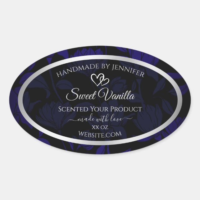 Adesivo Oval Produto Floral a Preto e Azul Moderno Rotulagem Pr (Frente)