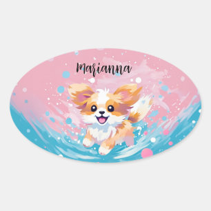 Adesivo Oval Pup de Papillon Reproduzido: Lixo de Rosa e Azul