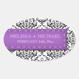 Adesivo Oval Purple Stitched Damask Wedding Large Favor Sticker