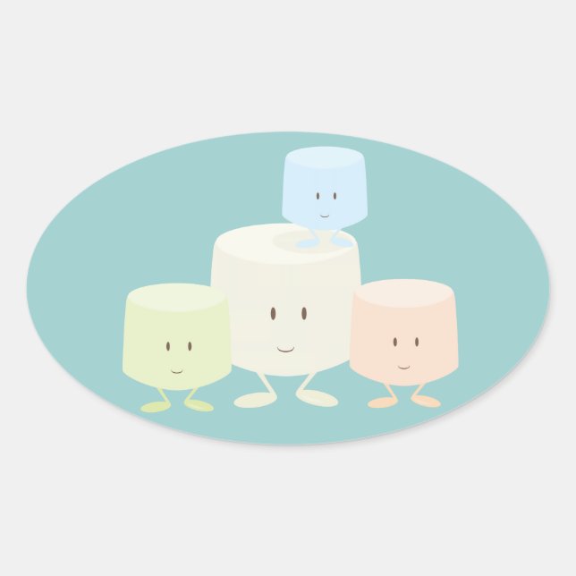 Adesivo Oval Quatro marshmallows sorrindo juntos (Frente)