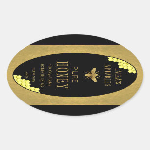 Adesivo Oval Queenline Oval Honey Jar Bee Apiary Dourado Vintag