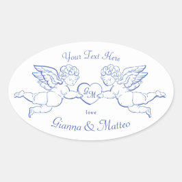 Adesivo Oval Querubins segurando iniciais de casais de Cupidos 