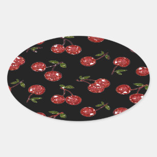 Adesivo Oval RAB Rockabilly Cerejas Muito Vermelhas Em Preto