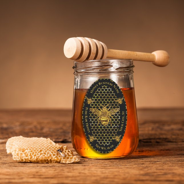 Adesivo Oval Rainha Dourada  Elegante Luxuriosa Abelha Mel Jar (Criador carregado)