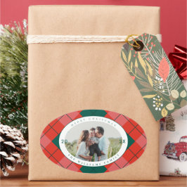 Adesivo Oval Red and Green Plaid Family Photo Merry Christmas