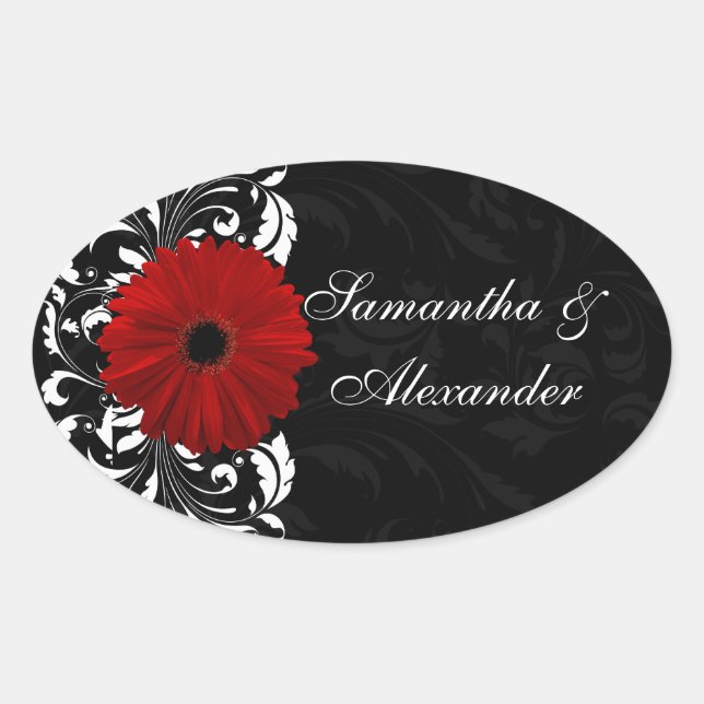 Adesivo Oval Red, Black and White Scroll Gerbera Daisy (Frente)