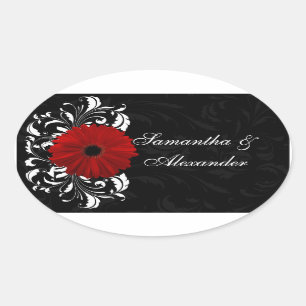 Adesivo Oval Red, Black and White Scroll Gerbera Daisy