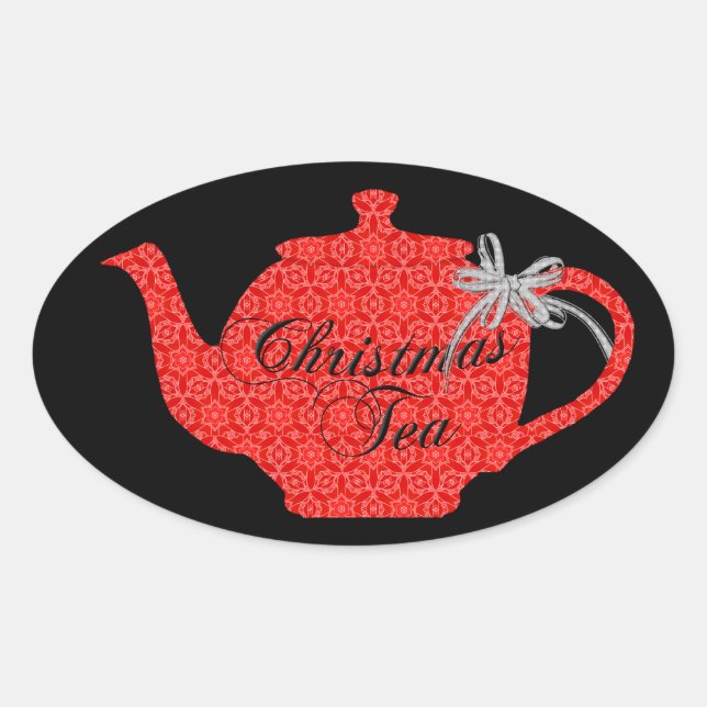 Adesivo Oval Red Lace Christmas Teapot Party (Frente)
