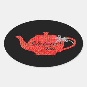 Adesivo Oval Red Lace Christmas Teapot Party