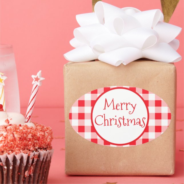 Adesivo Oval Red White Check Whimsical MERRY CHRISTMAS (Festa)