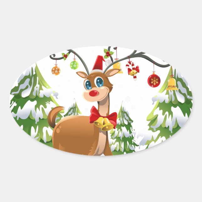 Adesivo Oval Reindeer Bonito na Neve (Frente)