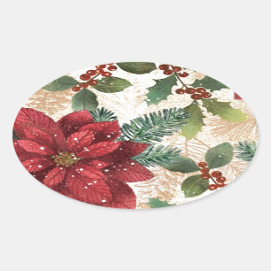 Adesivo Oval Retro 50s Poinsettia Vermelho Verde Creme