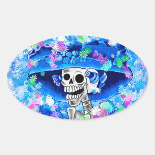 Adesivo Oval Rindo de mulher esquelética em Blue Bonnet em Blu