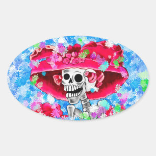 Adesivo Oval Rindo de mulher esquelética em Red Bonnet em azul