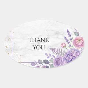 Adesivo Oval Rosa de Lavanda em Ouro Casamento Obrigado