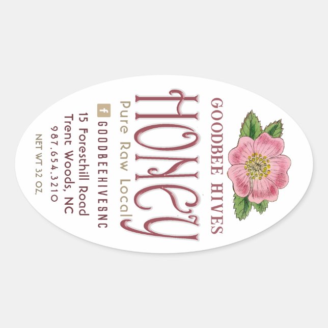Adesivo Oval Rosa selvagem 32 oz Queenline Jar Raw Local Mel Ro (Frente)