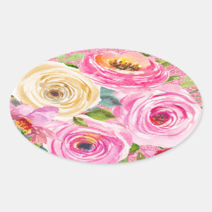 Adesivo Oval Rosas de aquarelas em rosa e creme cor-de-rosa