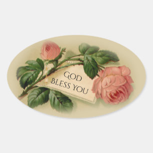 Adesivo Oval Rosas de Vintage Rosa com rótulo para texto