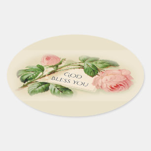 Adesivo Oval Rosas de Vintage rosa Deus abençoe você