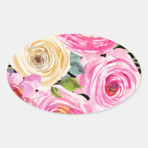 Adesivo Oval Rosas em Aquarela em Rosa e Creme sobre Preto