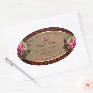 Adesivo Oval Rosas Rosa Floral Rótulos de Produto Madeira Marro