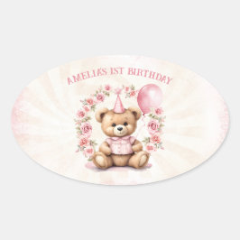 Adesivo Oval Rosas rosa-rosa primeiro aniversario Teddy Bear Gi