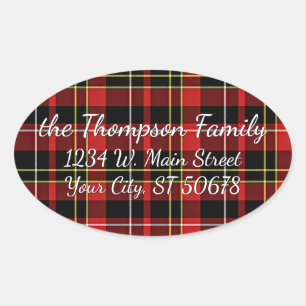 Adesivo Oval Rótulo de Endereço do Tartan Branco Amarelo Verm