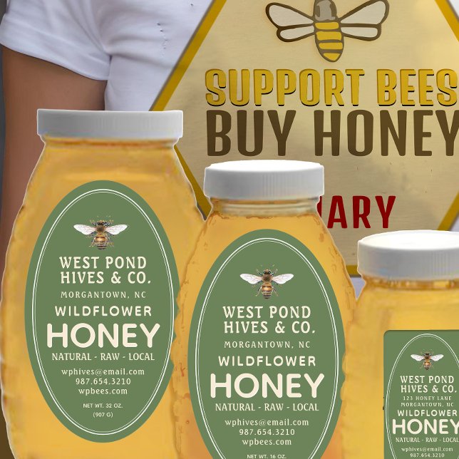 Adesivo Oval Rótulo de Jar de Mel da Fila Oval com Abelha 16 e  (Criador carregado)