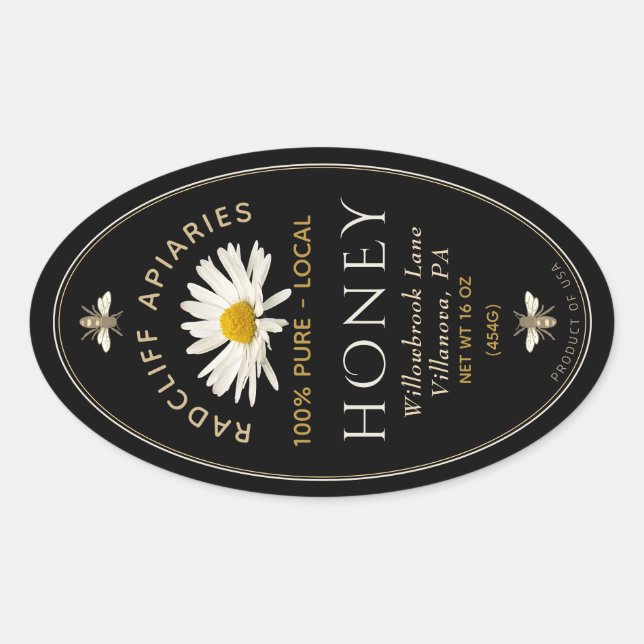 Adesivo Oval Rótulo de mel oval com abelhas heráldicas e margar (Frente)
