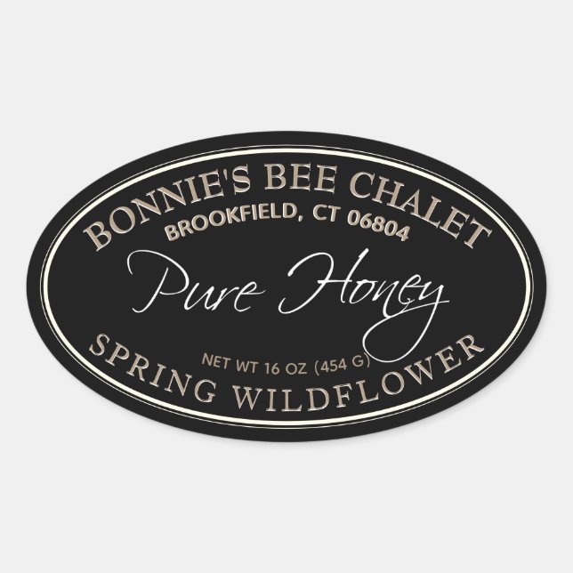 Adesivo Oval Rótulo de Mel Oval Preto e Dourado com borda branc (Frente)