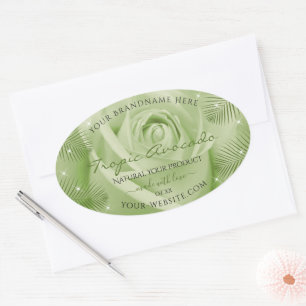 Adesivo Oval Rótulo de Produto Floral Folhas de Rosa Verde