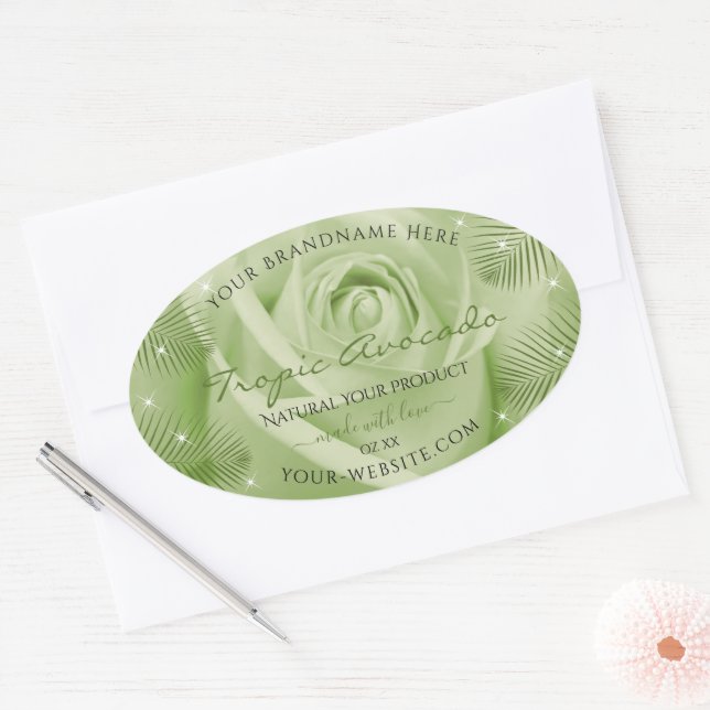Adesivo Oval Rótulo de Produto Floral Folhas de Rosa Verde (Envelope)