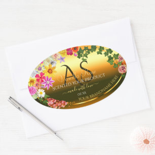 Adesivo Oval Rótulo de produto laranja Flores e iniciais colori