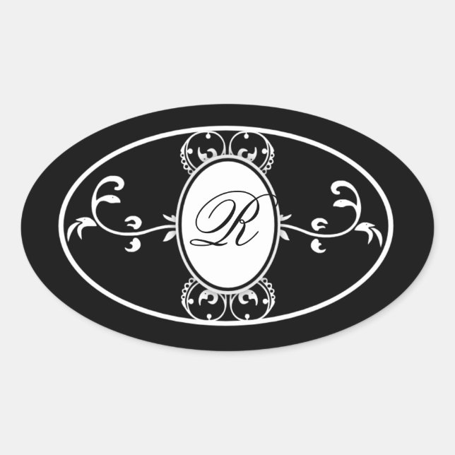 Adesivo Oval Rótulo de Sabão Preto de Casamento Branco Monogram (Frente)
