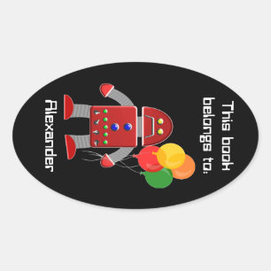 Adesivo Oval Rótulo do Livro Red Robot e Balões Nome da Placa