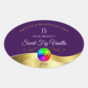 Adesivo Oval Rótulo do Monograma Dourado Wavy Roxo Escuro