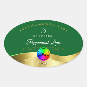 Adesivo Oval Rótulo do Monograma Dourado Wavy Verde Escuro
