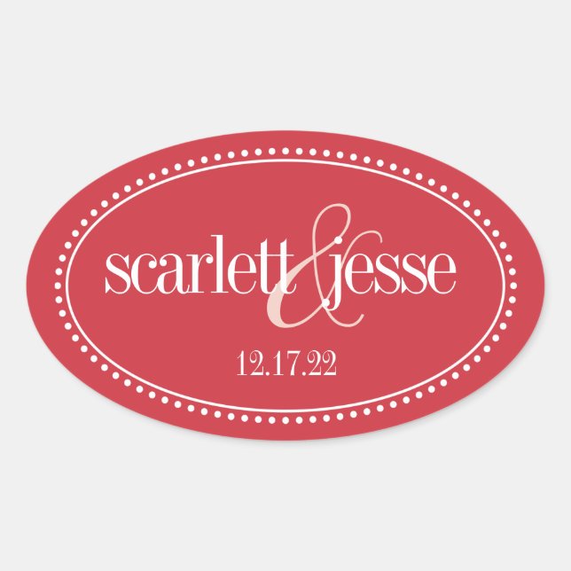 Adesivo Oval Rótulo do Monograma, Vermelho, Casamento Caroline (Frente)