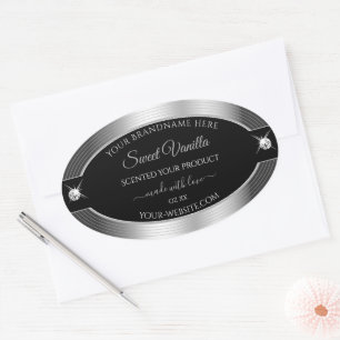Adesivo Oval Rótulo do produto Brilhante De Luxe Black Silver S
