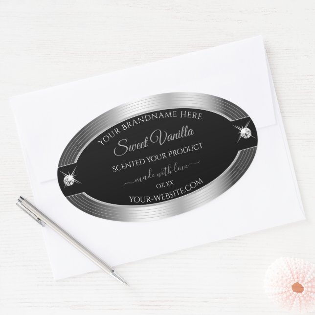 Adesivo Oval Rótulo do produto Brilhante De Luxe Black Silver S (Envelope)
