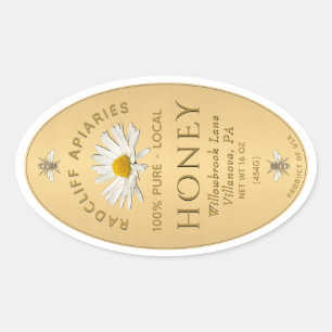 Adesivo Oval Rótulo Dourado de mel oval com abelhas heráldica