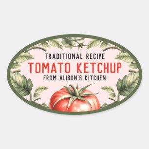 Adesivo Oval Rótulo oval de conserva de ketchup com tomate em a