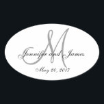 Adesivo Oval Rótulo Oval do Monograma Branco da cinza<br><div class="desc">Cinzas e Etiquetas de casamento ovais de monograma branco para garrafas de vinho. Totalmente personalizável com seus nomes,  data inicial,  casamento e cores de casamento. Elke Clarke©</div>