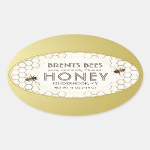 Adesivo Oval Rótulo Oval Honey com abelha, mel, borda dourada
