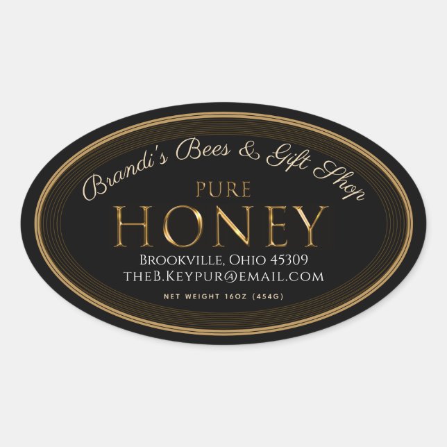 Adesivo Oval Rótulo profissional de mel preto e Dourado oval (Frente)